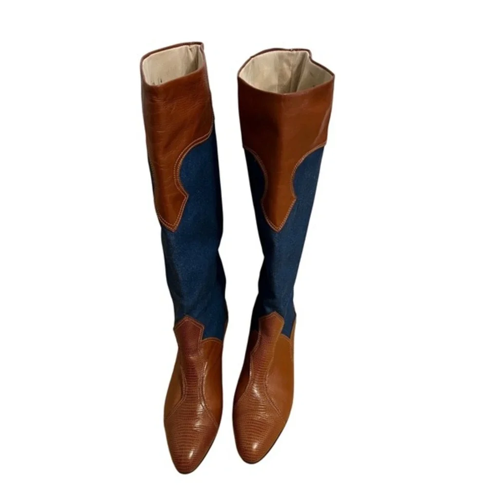 Womens Brown‎ Denim Western Knee High Boots Vintage Sz 6 1.2